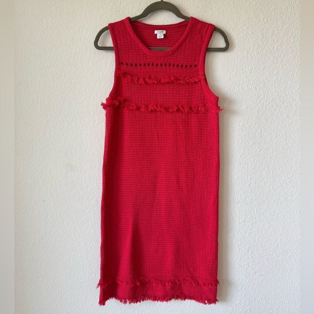 J. Crew Women’s Red Waffle Knit Sweater Dress Fringe Tiered Sz M Coastal Beach